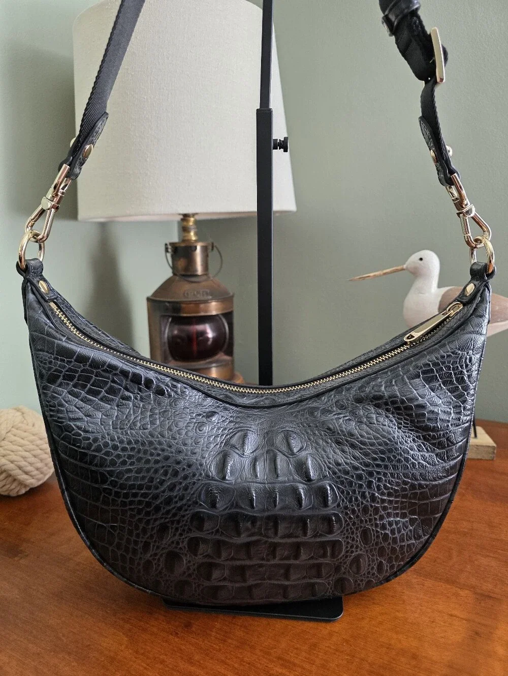 Brahmin Percy Black Alden Road Croc Embossed Crescent Crossbody Bag